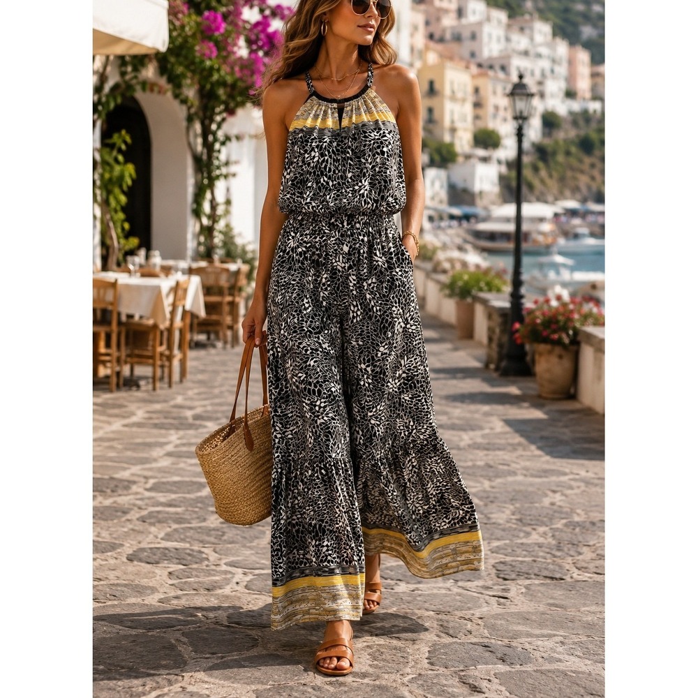 Shelby & Palmer Womens Large Black White Yellow Geometric Halter Wide Jumpsuit